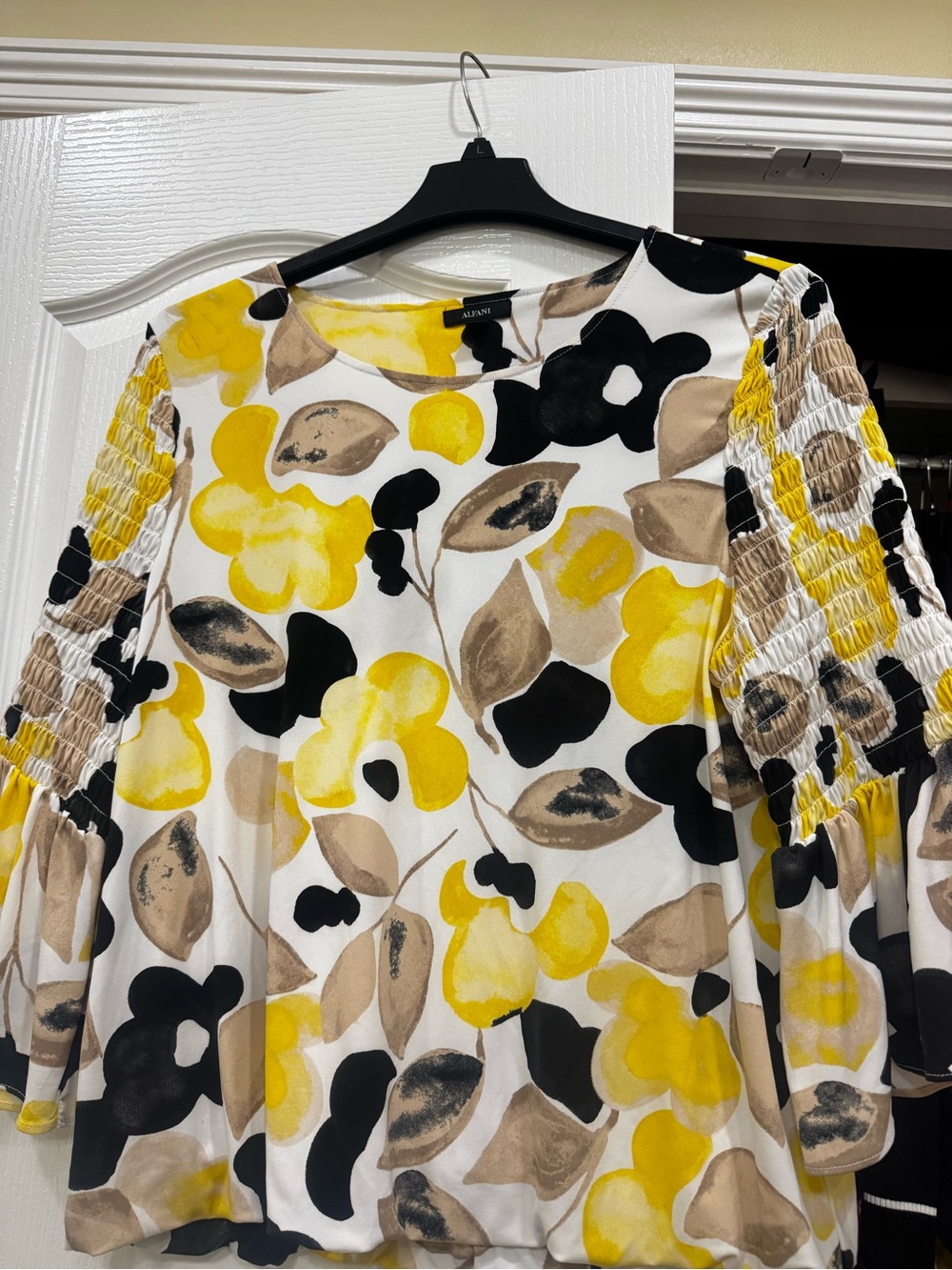 Alfani Yellow, Black & Taupe Floral Balloon Sleeve Top